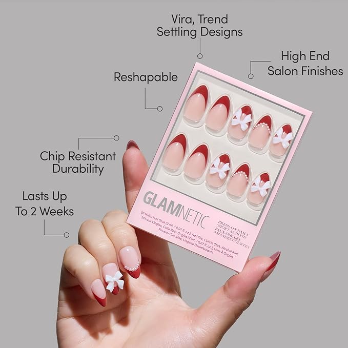 Glamnetic Press On Nails - Ruby Ribbons | Short Almond Fake Nails with Red French Tips & 3D Bows in a Glossy Finish, Salon Quality Holiday Nails | 15 Sizes - 30 Nail Kit with Glue