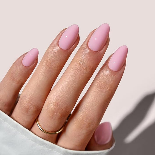 BTArtbox Press On Nails Almond - Pastel Baby Pink Short Press On Nails with Glue for Women, Opaque Soft Gel Glue On Nails in 16 Sizes - 32 Stick On Nails Kit, Bounce Kiss