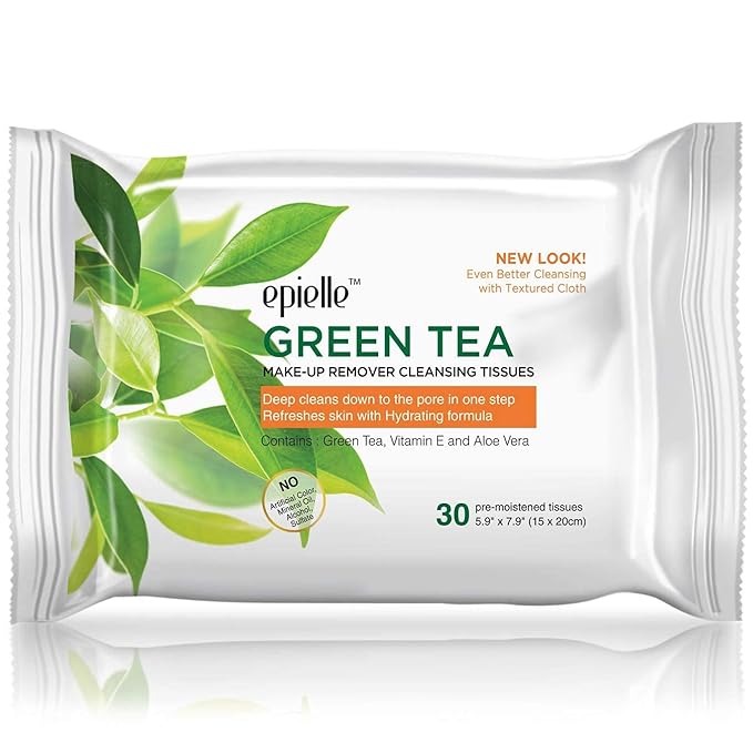 Epielle Makeup Remover Wipes, Remove Waterproof Mascara, Gentle Daily Facial Cleanser Towelettes with Collagen, Tea Tree & Aloe Vera, Stocking Stuffers, 30 Count (Pack of 6)