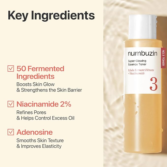 numbuzin No.3 Super Glowing Essence Toner, Fermented Toner for Skin Glow & Texture, Bifida, Niacinamide, Hydrating, Radiance-Boosting Essence, Fragrance-Free, 6.76 fl oz (200ml)