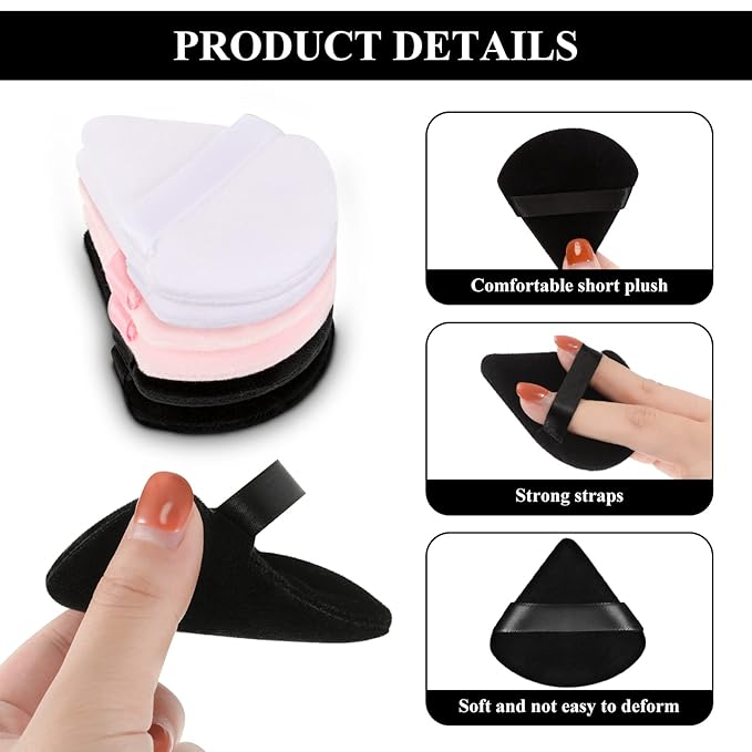 Maitys 12 Pcs Powder Puff Triangle for Face Makeup Cosmetic Loose Powder Puff Velour Soft Body Washable Reusable Foundation Sponge Wet Dry Makeup Tool for Women(Small,Black, White, Pink)