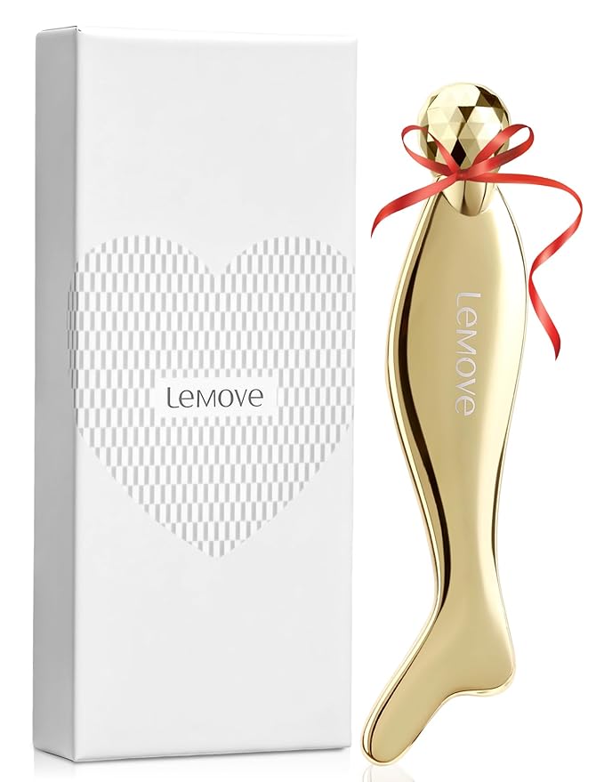 Lemove 4-in-1 Gua Sha Facial Tools, Facial Roller, Skin Care Roller with Stainless Steel, Face Ice Roller to Reduce Puffiness & Eye Strain, Relieved Facial Tension, Gift for Women and Men-Gold