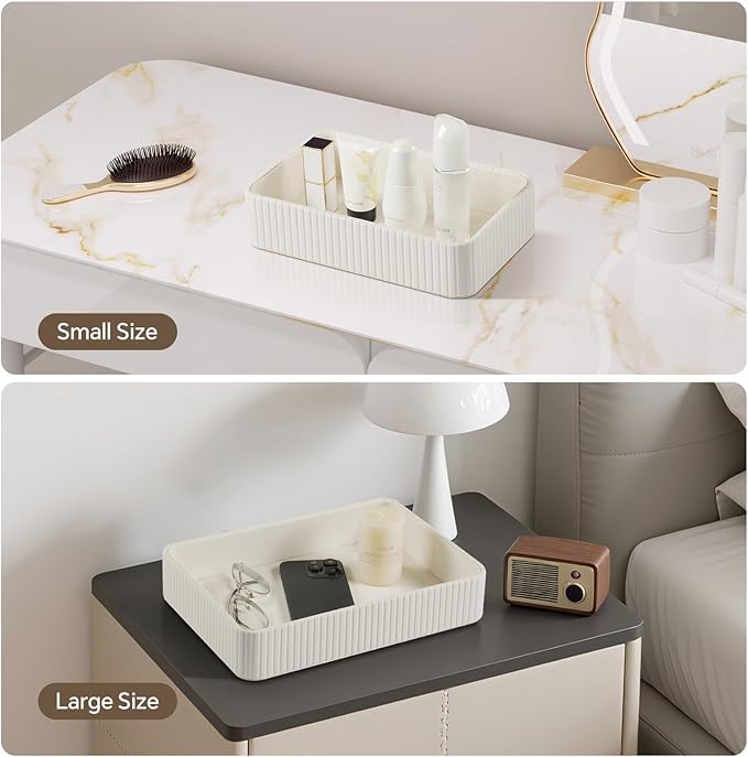 MEIBOOCH 2 Pack Nightstand Organizer Tray, Decorative Perfume Valet Tray Trinket Dish Catch All Purse Key Bowl, PU Leather Coffee Table Trays for Vanity Dresser Bedside Bathroom Countertop (Ivory)