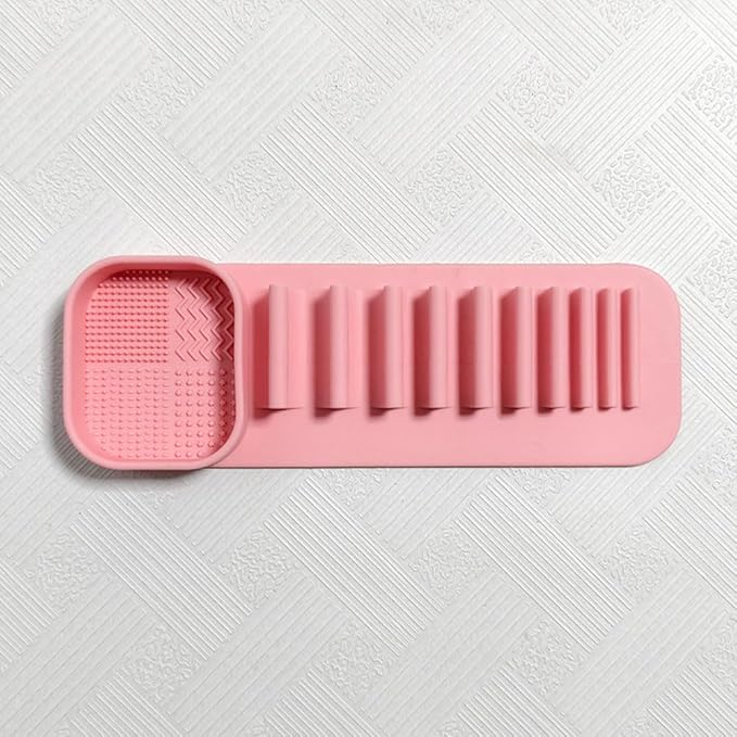 Silicone Makeup Brush Holder with Suction Wall Mount, Cosmetic Brush Drying Rack, Storage Organizer, Pink and Gray，2 Piece