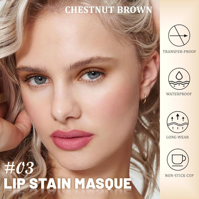JUAAZIN Peel Off Lip Stain Tattoo with Tweezer - Chestnut Brown Matte Lip Tint, Long Lasting Waterproof Transfer-Proof Lip Stain, Cruelty-Free Lip Masque for All Skin Types, Valentine's Day Gift 03#