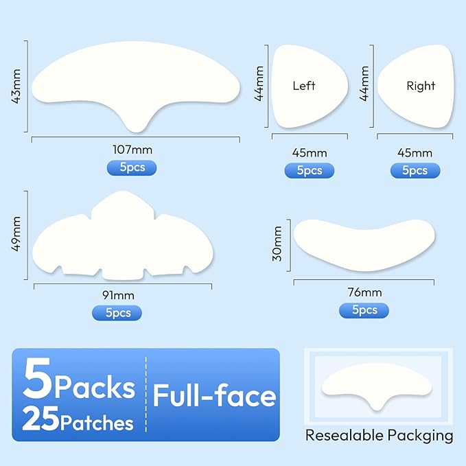 Breiboz Full Face Pimple Patches(5 Pack),Big Hydrocolloid Acne Patches,Skin Care Zit Patches for Whole Face,Nose, Chin, Forehead & Cheeks w/Tea Tree Oil, Salicylic Acid & Cica Oil（5 Pack,25 Patches）
