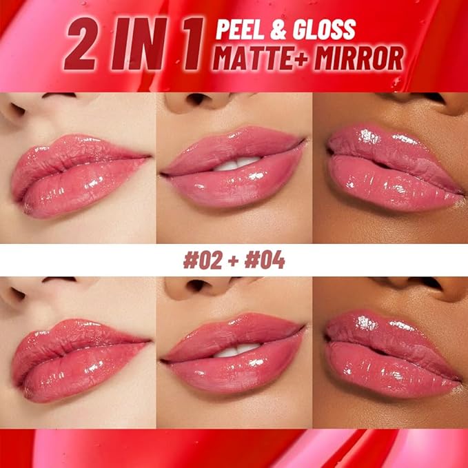 JUAAZIN 2Pcs Liquid Lip Stain Peel Off Lip liner and Lip oil with Tweezer, Dual-Ended Peel Off Lip Stain Tattoo, Highly Pigmented Long Lasting Waterproof, Transfer-proof for All Skin Types, 02#+04#
