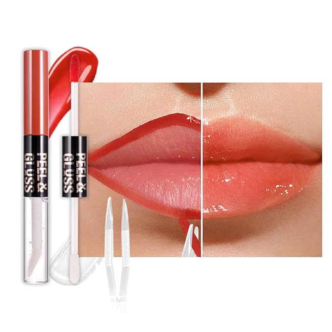 JUAAZIN Vivid Apricot Lip Stain Peel Off Lip liner and Lip oil with Tweezer, Dual-Ended Peel Off Lip Stain Tattoo, Highly Pigmented Long Lasting Waterproof, Transfer-proof for All Skin Types, 01#