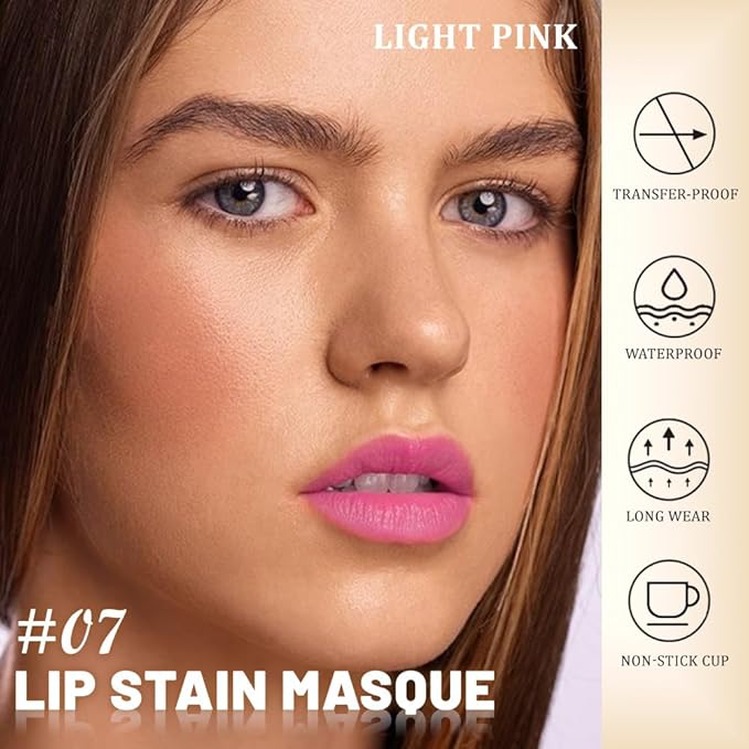 JUAAZIN Peel Off Lip Stain Tattoo with Tweezer - Light Pink Matte Lip Tint, Long Lasting Waterproof Transfer-Proof Lip Stain, Cruelty-Free Lip Masque for All Skin Types, Valentine's Day Gift 07#