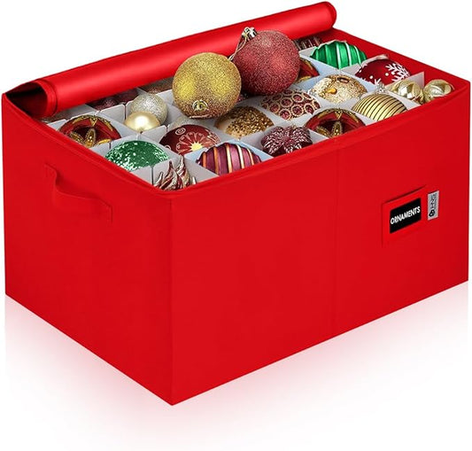 Christmas Ornament Storage Container with Dividers - Box Stores Up to 96 Ornaments, Zippered, Convenient, Adjustable, Large Organizer Bin to Protect Holiday Décor, Fits Most Standard Size, Red
