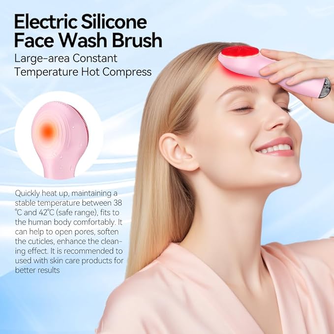 Facial Cleansing Brush, Face Scrubber, Electric Face Brush with 7 Colors, Rechargeable Waterproof Exfoliator with Heat and Vibration, Deep Cleansing and Massage for Men and Women(Pink)