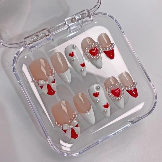 Press On Nails Medium Almond Shape - 3D Handmade Acrylic Gel Fake Nails with Glitter Designs, Reusable Thick Almond Nails for Women DIY Manicure Kit (10PCS, L Size, Easy Application)