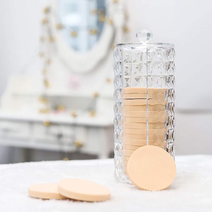 Acrylic Makeup Cotton Round Holder, Luxspire Clear Diamond Pattern Cotton Pads Organizer Container Display Stand Cosmetic Makeup Storage Box with Lid - Clear