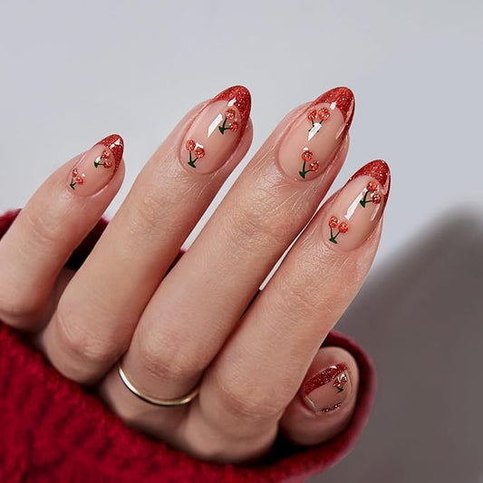 BTArtbox French Tip Press On Nails Almond - Red Press On Nails with Cherry Design, Short Almond Stick On Nails for Women, Soft Gel Fake Nails Kit in 16 Sizes for Valentines' Day Gift, Sweet Cherry