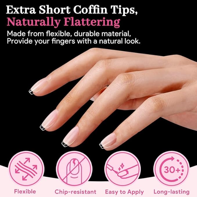 Qiek Extra Short Coffin Fake Nail Tips, 15 Sizes 240 PCS Clear Half Matte Press On False Nail Pre-shaped Half Soft Cover Gel Nail Tips Extensions Thick Long Lasting for DIY Beginners & Salon Manicure