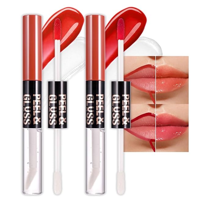 JUAAZIN 2Pcs Lip Stain Peel Off Lip Gloss oil Dual-Ended Combo, Lips Liner Stain Peel Off Masque, Long Lasting & Waterproof, Transfer-Proof Lip Tint Stain with Lip oil for All Skin Type 01#+04#