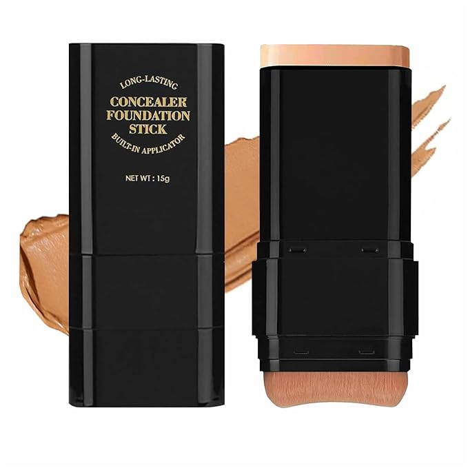 Dual-Ended Foundation & Concealer Stick with Built-in Brush, Long-Wear Matte Korean Full-Coverage Makeup, Waterproof Hydrating Contour for All Skin Tones (05#DEEP WHEAT)