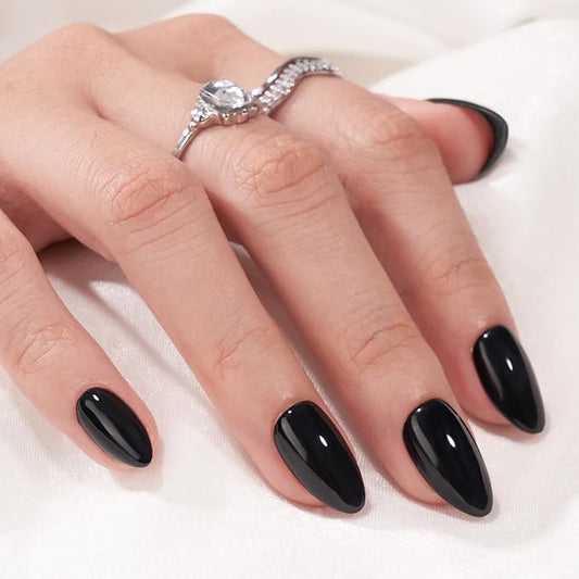 Black Press On Nails Almond - BTArtbox Short Press On Nails with Nail Glue, Fit Perfectly & Natural Reusable Stick On Nails in 16 Sizes - Soft Gel Glue On Nails Kit, Black Velvet