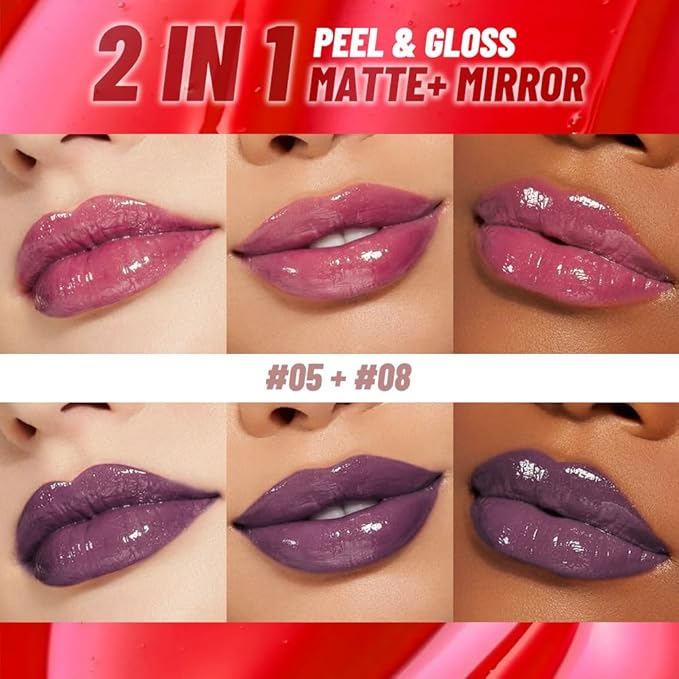 JUAAZIN 2Pcs Lip Stain Peel Off Lip Gloss oil Dual-Ended Combo, Lips Liner Stain Peel Off Masque, Long Lasting & Waterproof, Transfer-Proof Lip Tint Stain with Lip oil for All Skin Type 05#+08#