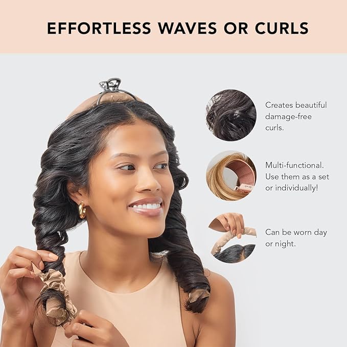 Kitsch Satin Heatless Hair Curler Styling 5pc Gift Set - Satin Heatless Hair Curler w/ 2 Scrunchies, Ceramic Thermal Roller & Claw Clip, Gifts for Women, Hair Roller Styling & Accessories- Champagne