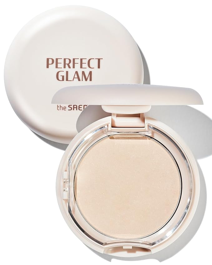 THESAEM Perfect Glam Glow Pact - Illuminating Face Powder with Colorful Pearls for Soft Radiant Glow - Sebum Control Blending Powder with Diamond & Silk - Korean Makeup Highlighter Compact