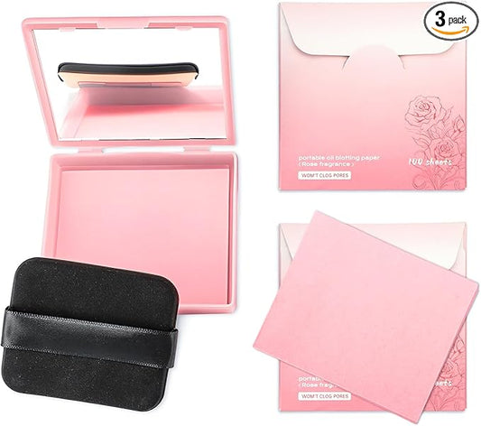 Erinde Oil Blotting Sheets for Face with Mirror and Puff, 300 Sheets Oil Blotting Paper for Oily Skin, Face Oil Absorbing Sheet, Natural Oil Control Film, Absorb Excess Oil, Makeup Friendly