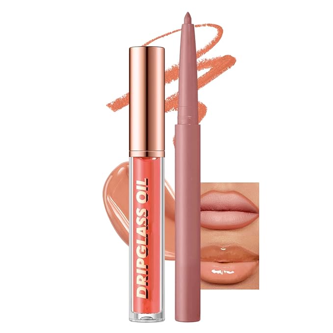 Jutqut Nude Lip Liner and Gloss Lip Kit, Waterproof Long-Lasting Combo Set with Matte Lip Liner Pencil and Non-Sticky Pluming Tinted Gloss, Highly Pigmented Lipliner Set for Women (04 Nude)