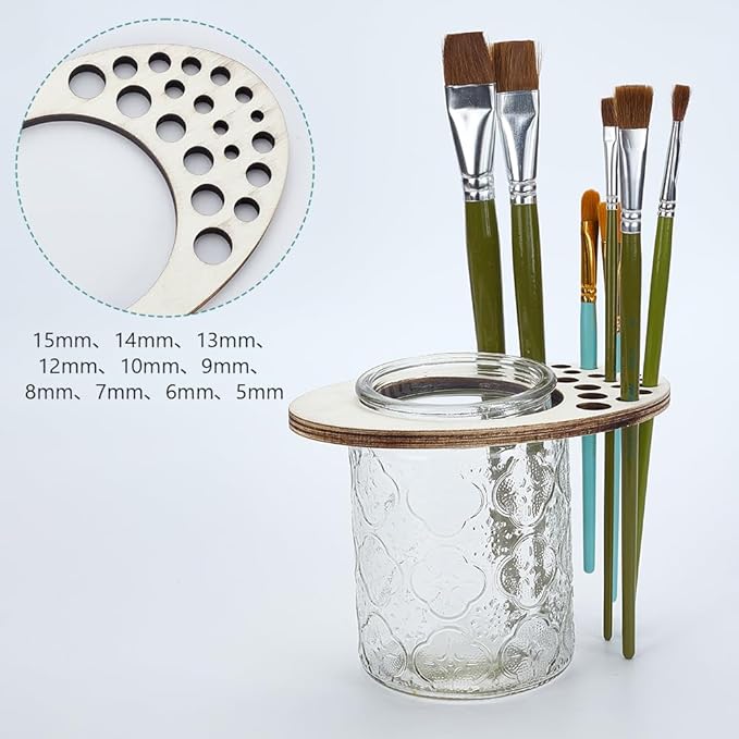 PLIGREAT 2 Pcs Paint Brush Holder, 19 Slots Wooden Display Drying Stand 3.5" Glass Jar Watercolor Brush Organizer Art Supply Stand Rack for Arts Drawing Painters
