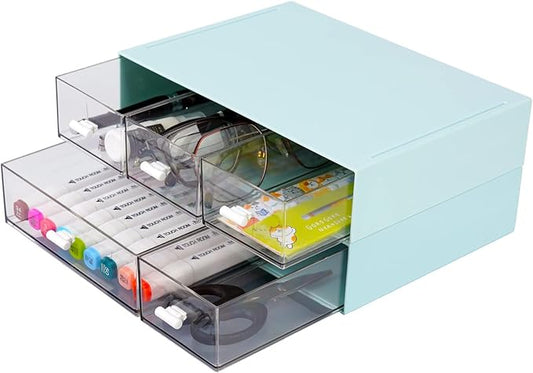 Desktop Organiser with 5 Drawers, Stackable Plastic Storage Box on Desk, Small Drawers Storage Unit for Home Collection, Cosmetics, Office Supplies (2 Flat Layers, Blue)