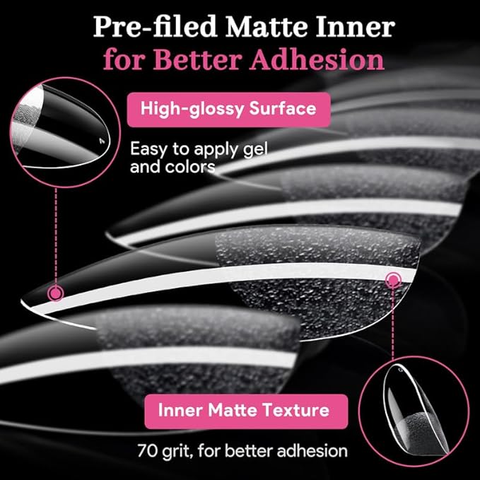 Qiek Medium Oval Fake Nail Tips - 15 Sizes 240 PCS Clear Half Matte Press On False Nail Tips Pre-shaped Soft Full Cover Gel Nail Tips Extensions Thick Long Lasting for DIY Beginners& Salon Manicure
