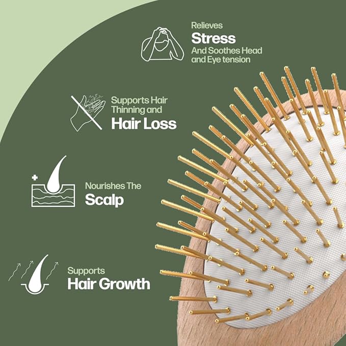 Uffy Acubrusher – 24K Gold-Plated Gua Sha Hair Brush - Ergonomic Scalp Massager for Dandruff & Hair Growth, Suitable for All Hair Types - Ideal Gift Choice in Walnut Wood