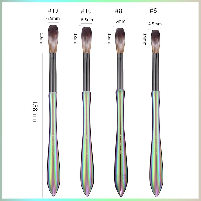 DAIXIANGER 4Pcs Professional Acrylic Nail Brush Set, Size 6/8/10/12, Holographic Gradient Handle Nail Brushes for Acrylic Application Powder & Nail Extension, Nail Carving Tools for DIY Home Salon