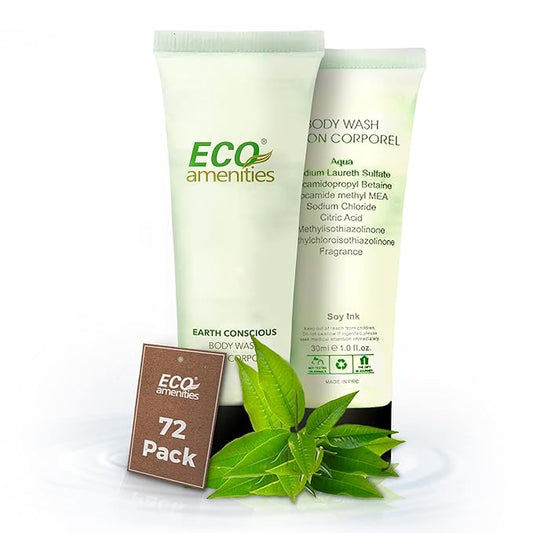 ECO amenities Body Wash Tubes - Leak-Proof Travel Toiletries - Bulk Body Wash & Hotel Soap - Natural Shower Gel & Liquid Soap - 1 fl oz, Pack of 72, Green Tea