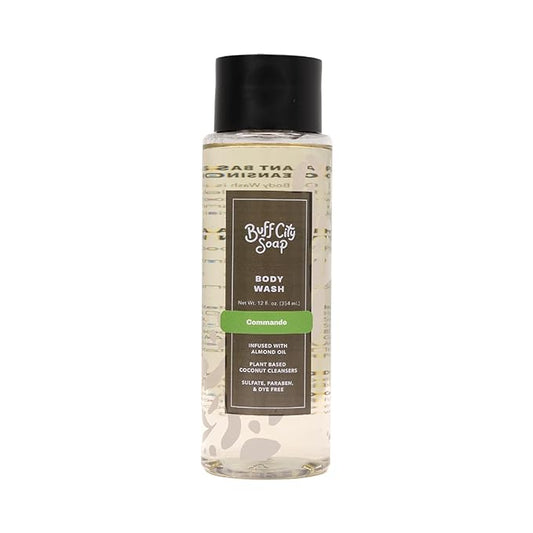 Buff City Soap Plant-Based Body Wash - Gentle Cleansing Body Wash, Coconut Cleansers Infused with Almond Oil, Dermatologist Tested, Rich Lather, Non-Drying for Women and Men - Commando, 12 fl oz