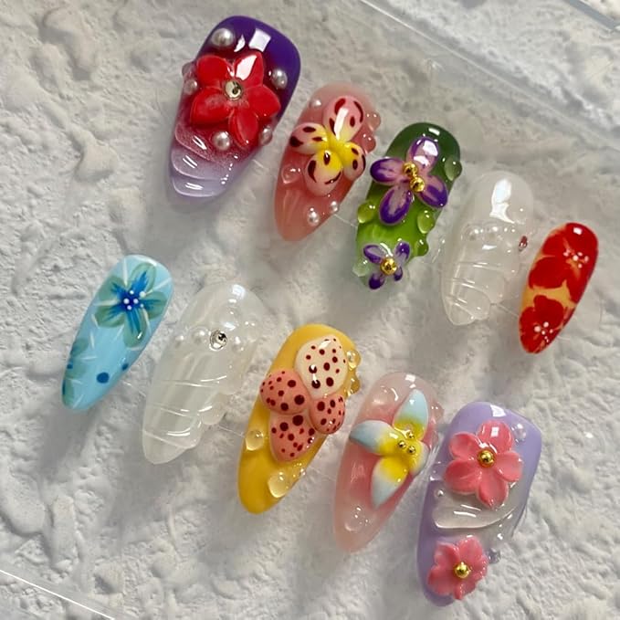 Small size Press On Nails - Handmade Unique Medium Almond Art Fake Nails, Thick Acrylic and Muti-Layer Gel False Nails, Reusable Gel Cured Sturdier 3D Fake Nails-S size