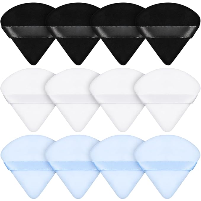 Maitys 12 Pcs Powder Puff Triangle for Face Makeup Cosmetic Loose Powder Puff Velour Soft Body Washable Reusable Foundation Sponge Wet Dry Makeup Tool for Women(Small,Black, White, Blue)
