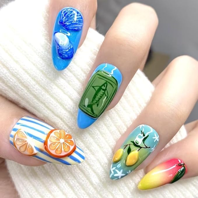MAGLFELL Press On Nails Medium Almond Shape False Nails, Handmade Acrylic Gel Fake Nails with Art Designs, Reusable 10 Pcs 3D Nails for Women DIY Manicure Kit