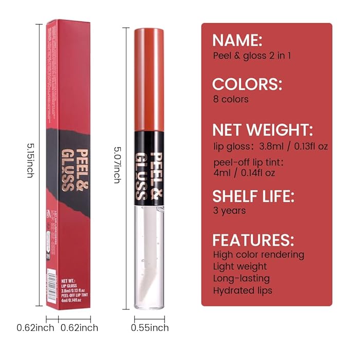 JUAAZIN 2Pcs Lip Stain Peel Off Lip Gloss oil Dual-Ended Combo, Lips Liner Stain Peel Off Masque, Long Lasting & Waterproof, Transfer-Proof Lip Tint Stain with Lip oil for All Skin Type 06#+07#