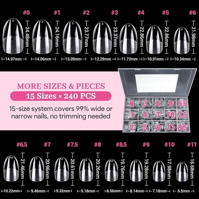 Qiek Medium Oval Fake Nail Tips - 15 Sizes 240 PCS Clear Half Matte Press On False Nail Tips Pre-shaped Soft Full Cover Gel Nail Tips Extensions Thick Long Lasting for DIY Beginners& Salon Manicure