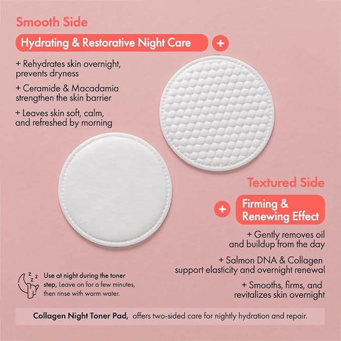 pH Lab Collagen Night Toner Pad, Gentle Face Pads for Glowy & Smooth Skin with Salmon DNA, 60 Pads
