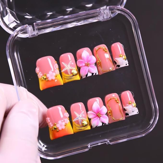 MAGLFELL Press On Nails, 10 Pcs Handmade French Duckbill Fake Nails, Reusable Artificial Cute Short False Nails for Women 3D Acrylic Nails Kit (Size M)