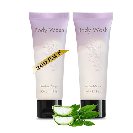 NISGUR Leak-Proof Travel Size Body Wash 1 Oz Each Pack of 200 Bulk Pack Santal and Orange Scent Hotel Body Wash Amenities and Toilteries for Hospitality