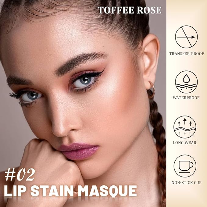 JUAAZIN Peel Off Lip Stain Tattoo with Tweezer - Toffee Rose Matte Lip Tint, Long Lasting Waterproof Transfer-Proof Lip Stain, Cruelty-Free Lip Masque for All Skin Types, Valentine's Day Gift 02#
