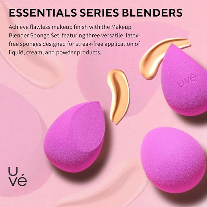 Makeup Blender Sponge Set, Streak Free Application of Liquid, Powder & Cream Foundation, Professional Complexion Blending Tool, Cruelty Free, Vegan, Latex Free, Pack of 3 (1 Helio, 2 Violet)