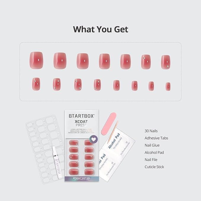 BTArtbox Press On Nails Short - Lamp-Curable Rhinestone Blush Red Square Press On Nails with Glue for Women, Semi-Transparent Soft Gel Glue On Nails in 15 Sizes - 30 Stick On Nails Kit, Cyber Crimson