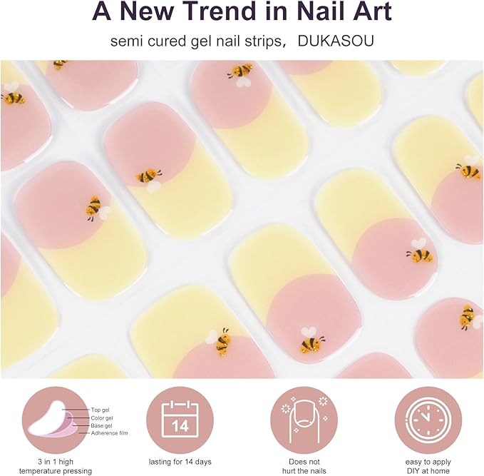 DUKASOU Semi Cured Gel Nail Strips, 56Pcs French Tip Nail Art Stickers/Wraps, Long Lasting UV Nail Polish Strips for Adults(French Tip Red Beetle+Yellow Bee)