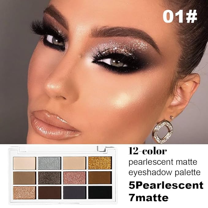 12 Colors Matte Shimmer Eyeshadow - Cool-toned Eyeshadow Palette, Long-Lasting Waterproof Crease-Proof Pigmented, Built-In Mirror, Vegan Cruelty-Free for Daily & Glam Makeup Looks 01#