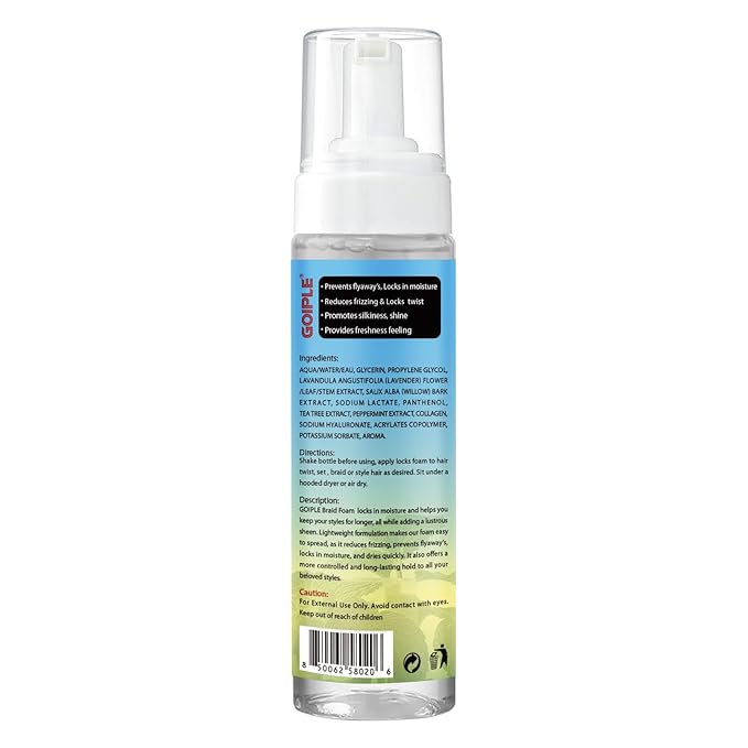 8 fl oz Braid Foam Control Mousse Braiding Hair Mousse for Braids Twist, Locs, No Flake Extra Hold High Shine Style & Moisturizes, Nourishes, Lightweight, Smooth, No Greasy Tea Tree