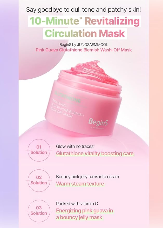Pink Guava Glutathione Wash-Off Mask 3.17 Fl Oz, Jelly Texture Face Mask with Vitamin C and Niacinamide for Skin Hydration, Blemish Care, and Radiant Glow, Korean Skincare