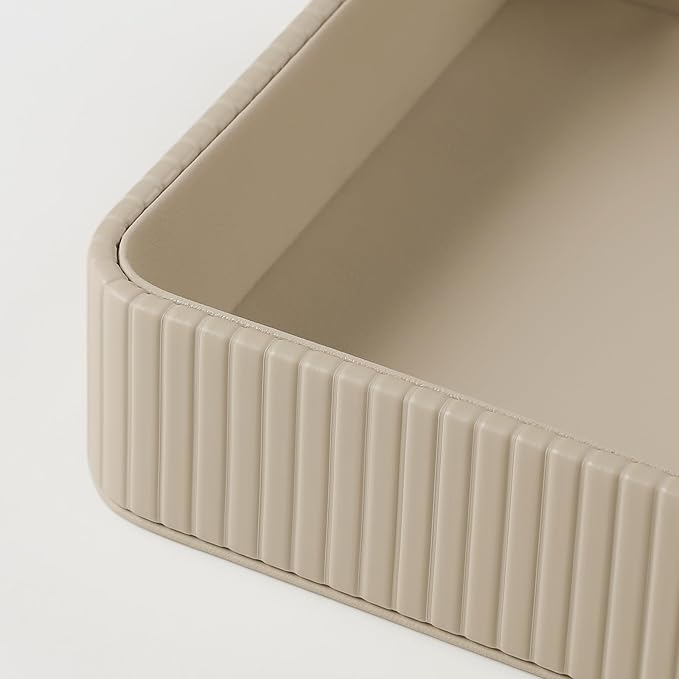 MEIBOOCH 2 Pack Nightstand Organizer Tray, Decorative Perfume Valet Tray Trinket Dish Catch All Purse Key Bowl, PU Leather Coffee Table Trays for Vanity Dresser Bedside Bathroom Countertop (Beige)